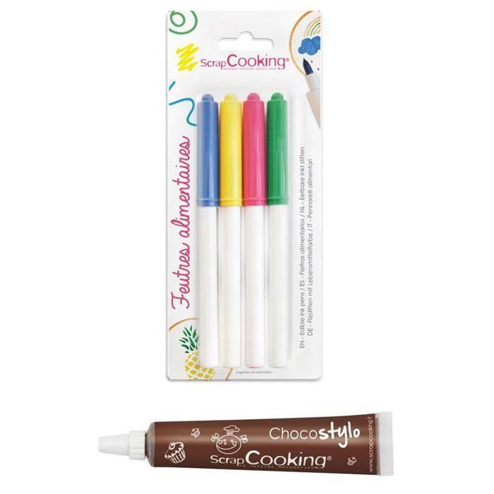 4 feutres alimentaires jaune, vert, rose, bleu + 1 Stylo chocolat