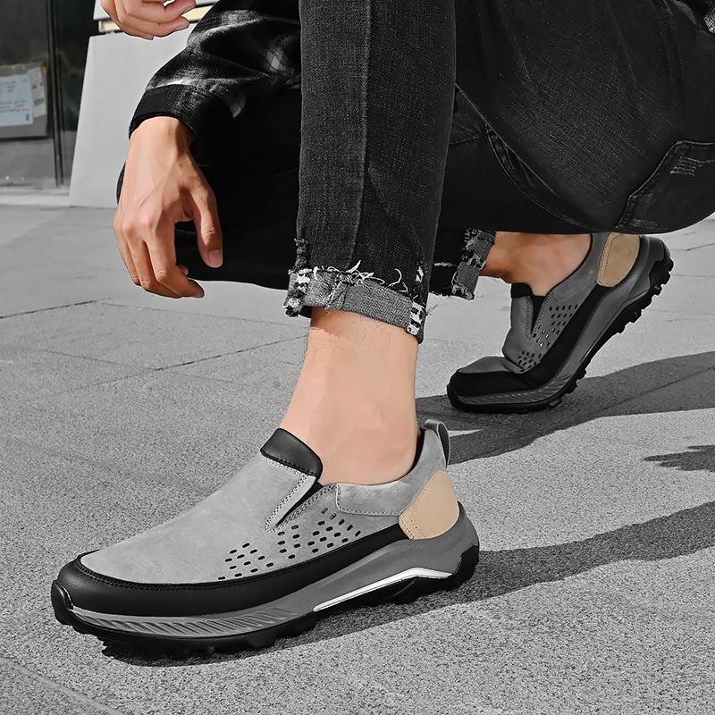 Men Breathable Casual Shoes Outdoor Plus Size Fashion Sneakers Lace-up Split Leather Comfortable Walking Sport Shoes