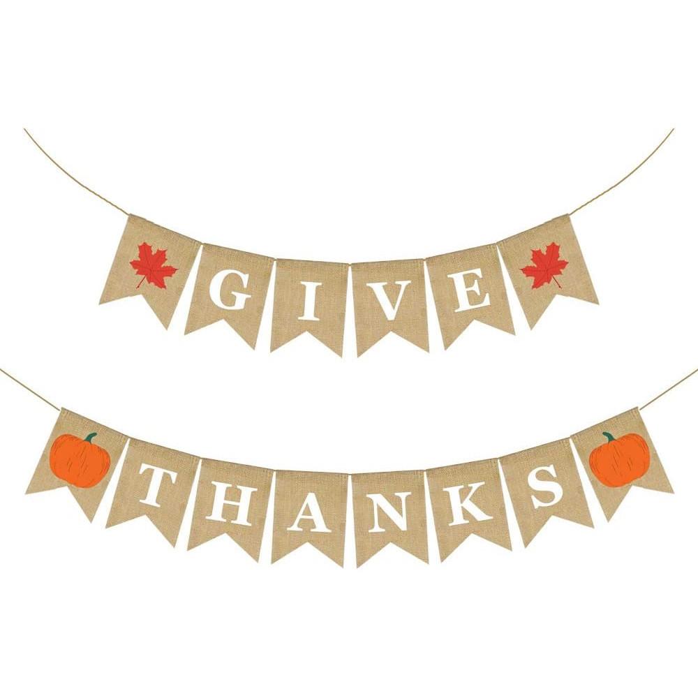 Letter Give Thanks Banner Burlap Flag Banners Thanksgiving Party Decorations