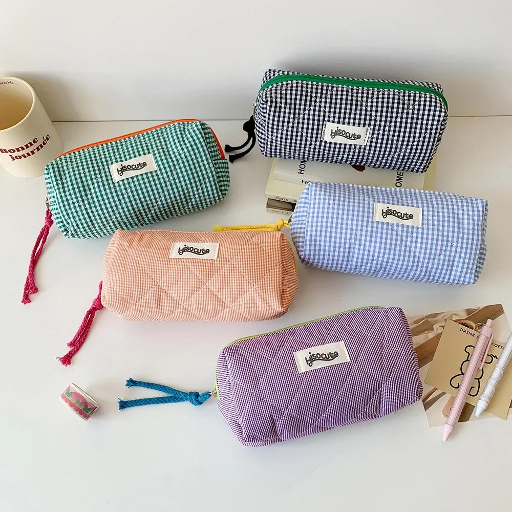 

INS Style Large Capacity Plaid Cloth cosmetic Case Korean Style Cloth Makeup Bag Simple Style Student Stationery Storage Bag