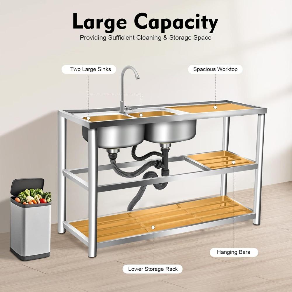 Stainless Steel Kitchen Sink,2 Basins,3-Layer Freestanding Sink,Stainless Steel Kitchen Sink with Faucet,Commercial Kitchen Sink