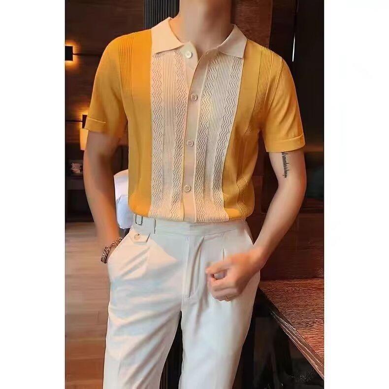 

Men s Yellow Short Sleeve Knit Shirt with White Collar, Button Front, and Wave Pattern Detail 3XL жовтий