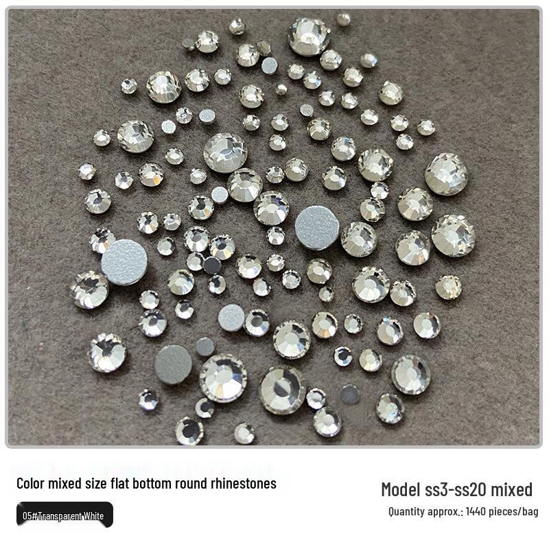 1440-Piece Nail Art Rhinestone Set: Clear, White, AB-Color, Flat-Back, Small & Large for Shiny Nail Decorations.