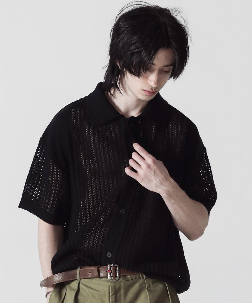 Stage Name Summer Varsity Short Sleeve Knit Shirt Cardigan_Black