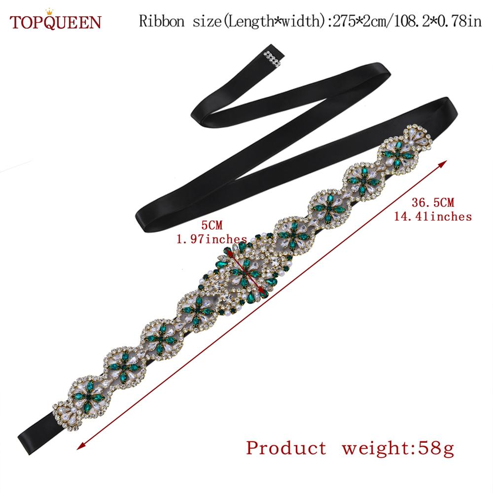 TOPQUEEN S161-KL Neuer Brautgürtel für Hochzeitskleider für Frauen in Gold, handgefertigt, Luxus-Schärpe, Zubehör für das tägliche Partykleid, grüner Strass