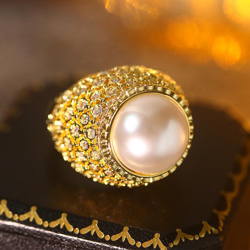 New Gold Set With Diamond Pearl Opening Ring For Women 925 Silver Personality Accessories Party Birthday Lady Jewelry Gift