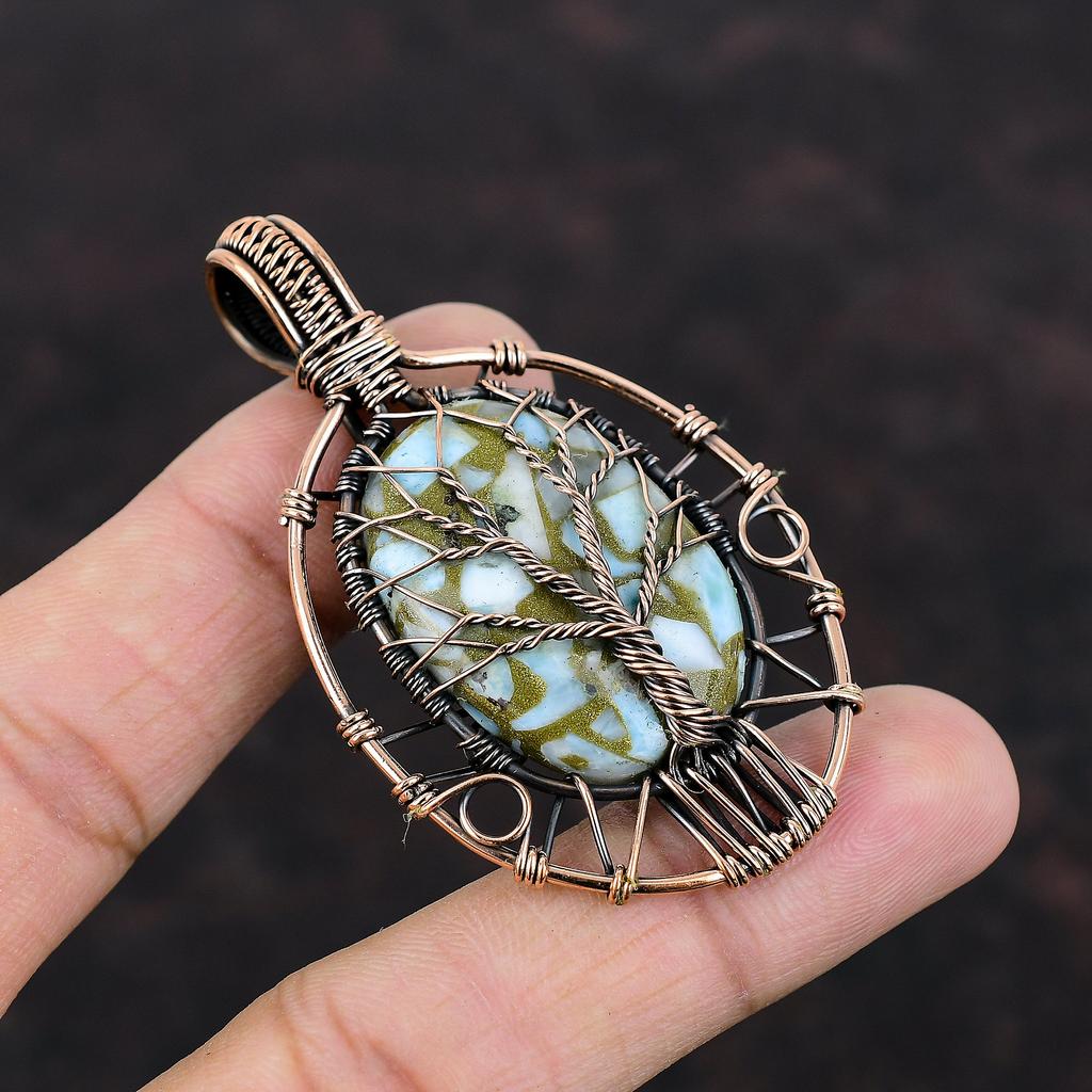 Tree Of Life Copper Larimar Pendant Copper Wire Wrapped Jewelry Handmade Pendant High Quality Gemstone Jewelry Copper Wire Wrapped Pendants