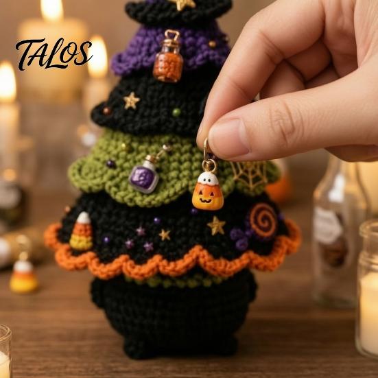 Handmade Yarn Projects Halloween Tree Crochet Kit, DIY Black Cat Pumpkin Witch Supplies with Tools Hat Ghost Crafting Kit for Holiday Home Decor, Gift