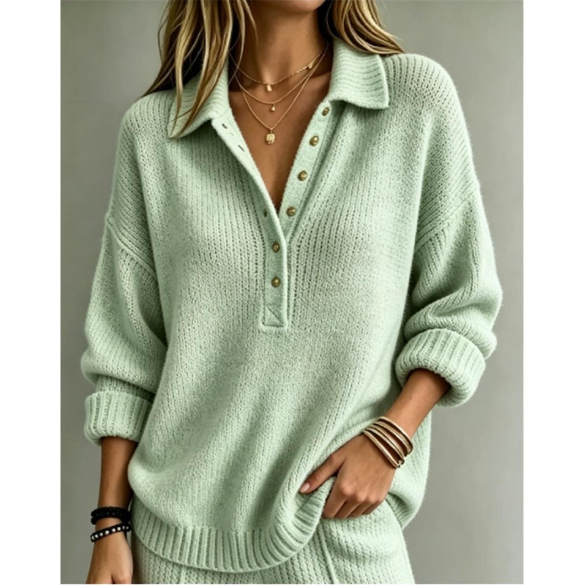Dames Polo Kraag Halve Knopen Gebreide Trui Los Oversized Pullover Casual XL groen