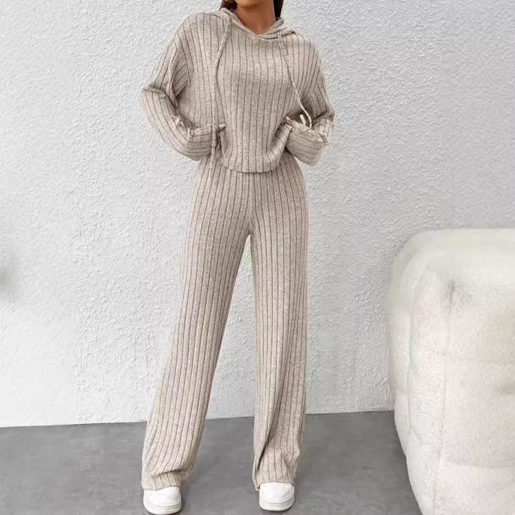 Women's Ribbed Knit Hooded Sweatshirt and Wide Leg Pants Set in Light Grey