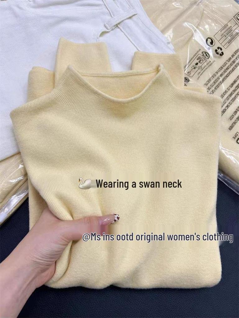 Chic Cream Yellow Slim-Fit Women's Base Layer Sweater for Autumn/Winter