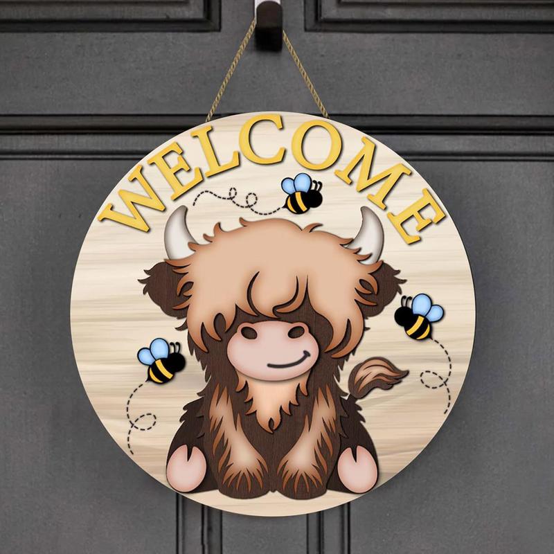 Highland Cow Bedroom Decor Highland Cow Wooden Sign Seasonal 11.8Inch Rustic Wood Door Sign For Porch Holiday Decoration