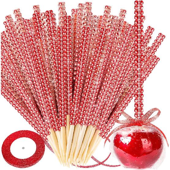 Silver Candy Apple Sticks, 26Pcs Bling Caramel Apple Wooden Pointed Skewers, Fruit Treats Cake Pop Decorative Sticks with Glass Bag Glitter Ribbons