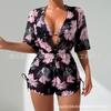 Swimsuit Beach Sunscreen Tropical Plant Printed Blouse Swimsuit Women's Three-piece Neck Bikini