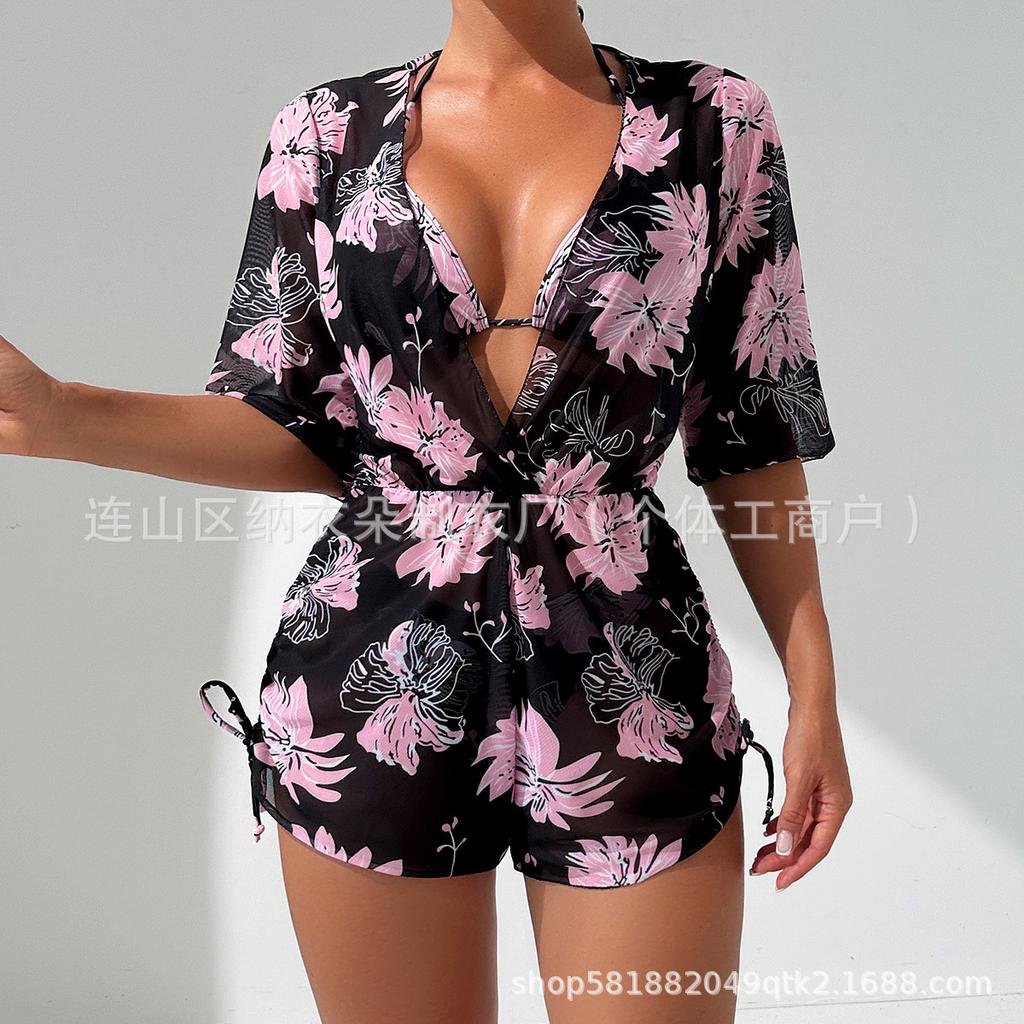 Swimsuit Beach Sunscreen Tropical Plant Printed Blouse Swimsuit Women's Three-piece Neck Bikini