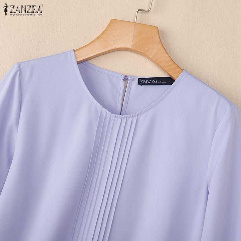 ZANZEA Damen Freizeit Rundhals Einfarbig 3/4 Ärmel Bluse