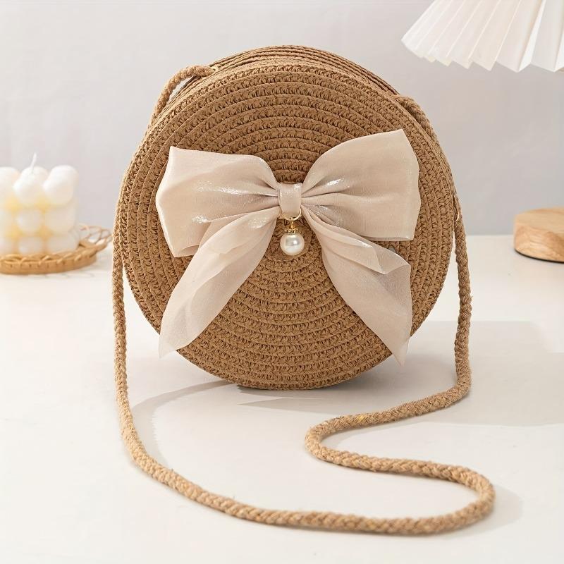 Elegant Round Straw Crossbody Bags with Bow Decoration Bohemian Chic Style Breathable Woven Design Beach Vacation Accessory