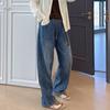Vintage Drawstring Soft Denim Pants Plus Size Women's Clothing 100kg Comfortable Elastic High-Waisted Stylish Dad Jeans for Curvy Women