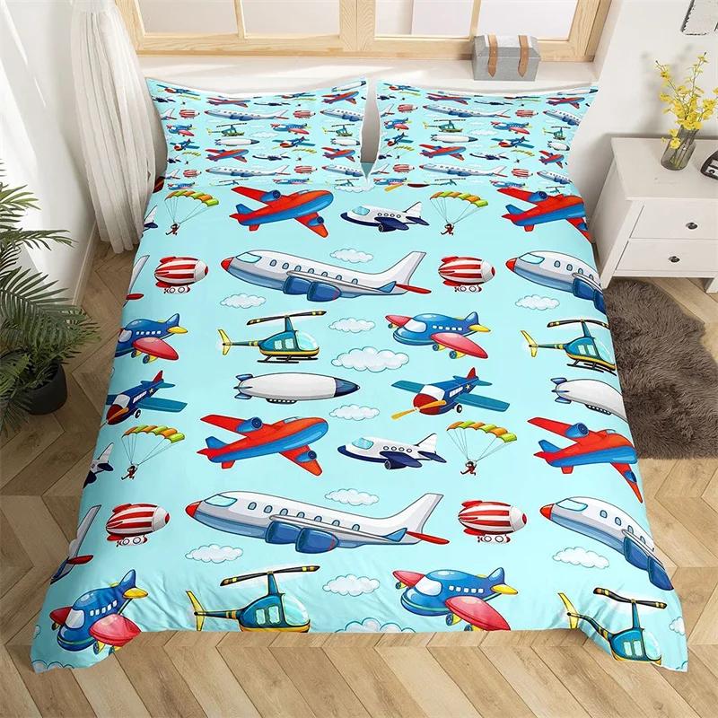 Aircraft Queen Duvet Cover Set Cartoon Airplane Bedding Set Polyester Clouds Stars Moon Print Comforter Cover For Kids Boys Room