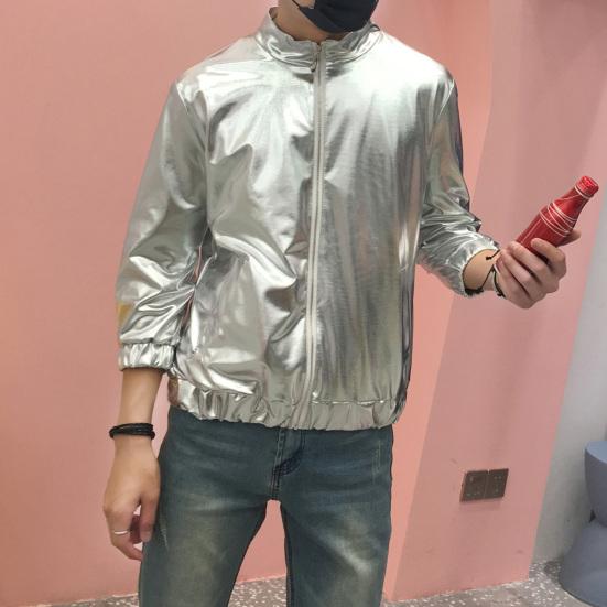 Pánský kabát stojáček dlouhý rukáv zapínání na zip bunda s kapsami jednobarevný jarní podzimní lesklý design svrchní oděv