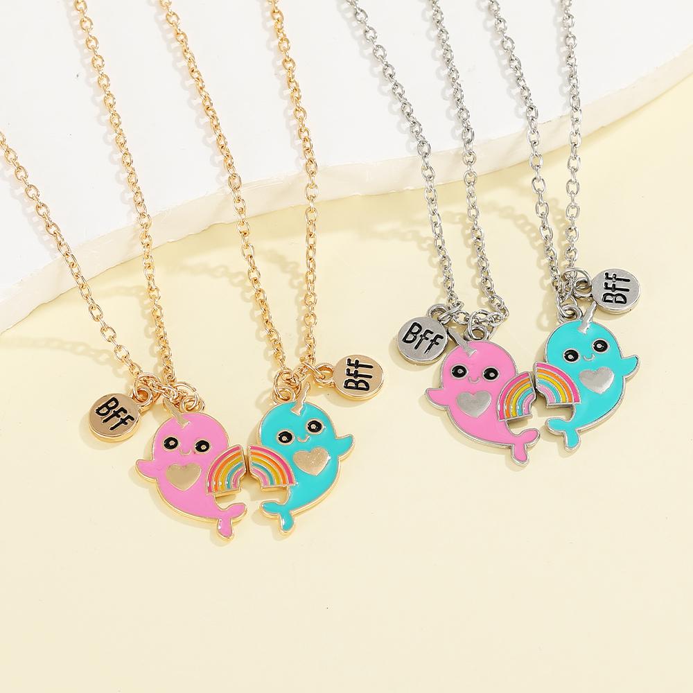 2Pcs/Set Cartoon BFF Round Charm Rainbow Dolphin Design Best Friends Necklace For Girls Frienship Gift