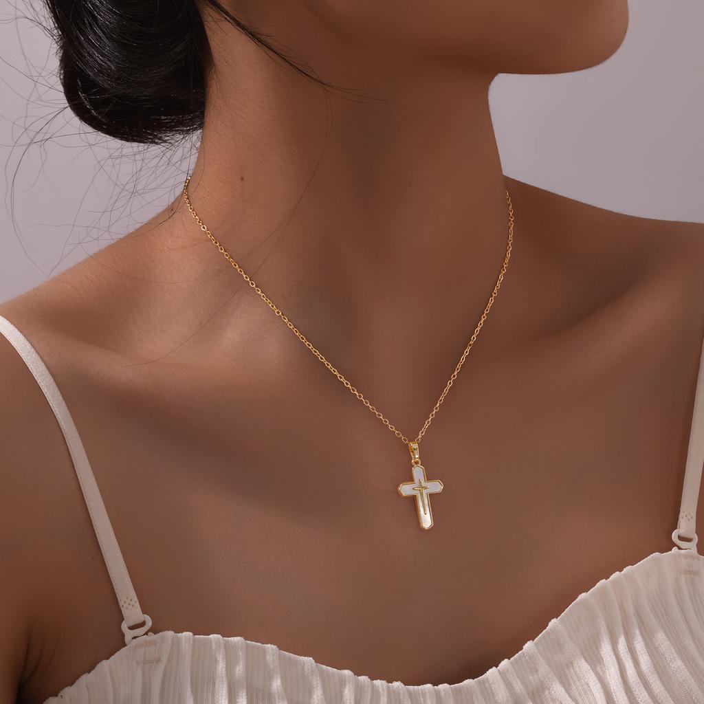 Xiaomi Vnox Double Cross Pendant Necklaces for Women, Bling Shell Cross Necklaces, Christ Religious Faith Jewelry