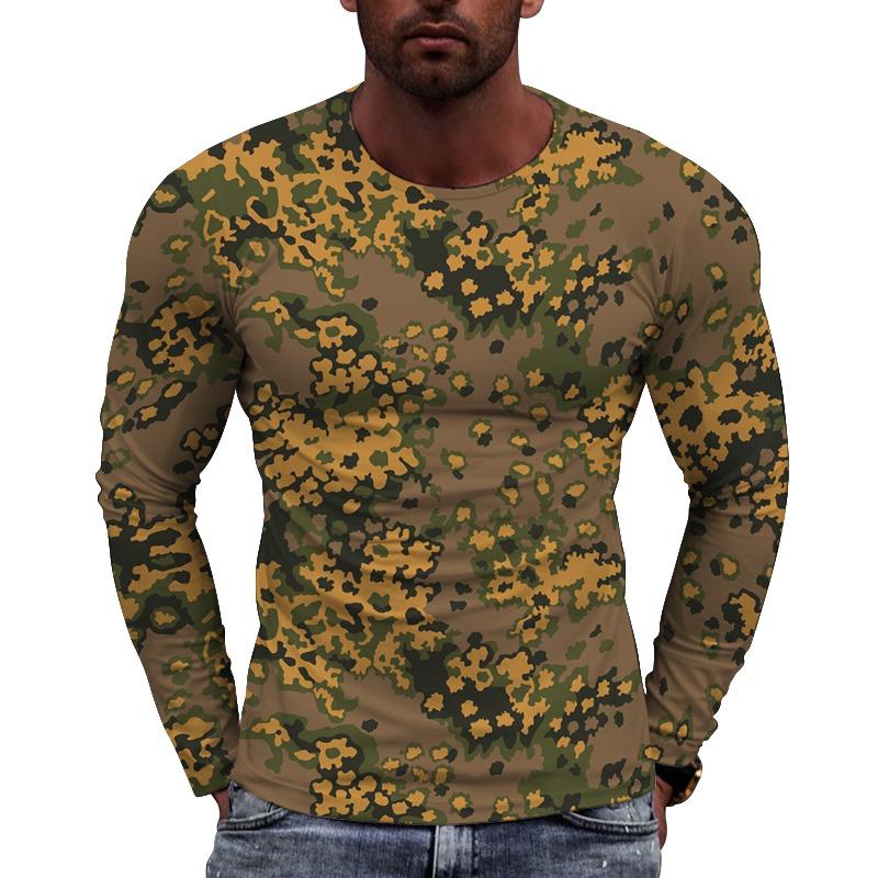 Men's Camouflage Printed Long Sleeve T-shirt European Size Casual round Neck Top Trendy Autumn Wear