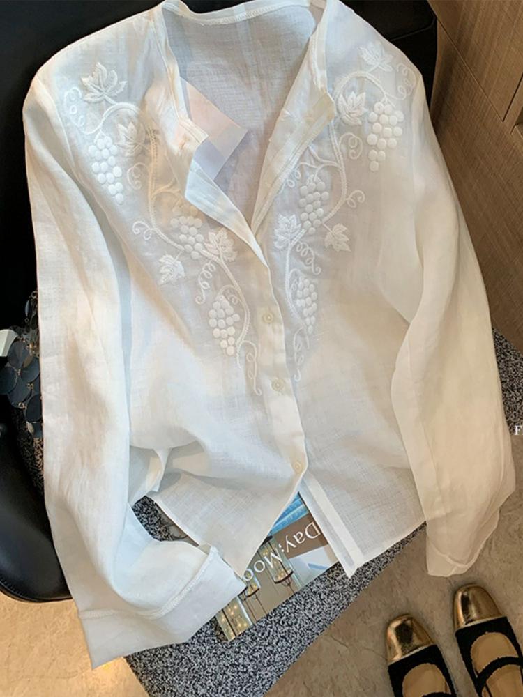 Women's Long Sleeve Blouse V Neck Japanese Casual Linen Shirt Floral Embroidery Open Front Top