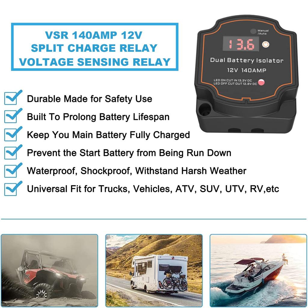 Çift Akü Ayırıcı 12V 140Amp Voltaj Göstergeli Akıllı Akü İzolatörü Araba ve Manuel Mod Voltaj Duyarlı Röle (VSR)