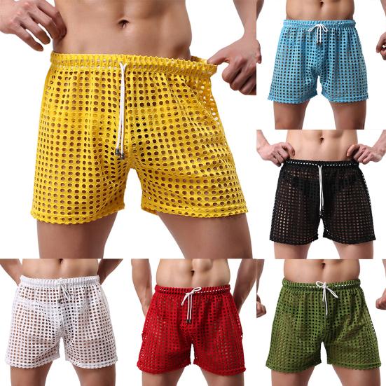 Erotic Men Solid Color Mesh See Through Hollow out Drawstring Shorts Beach Pants