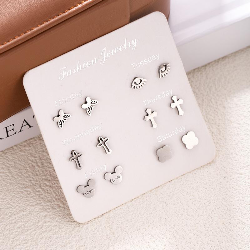 Stainless Steel Animal Love Earrings Do Not Repeat A Week Stud Earrings Set Simple Fashion Women'S Earrings Combination