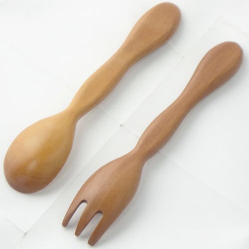 Nagao Children's Spoon and Fork Set, 14cm, Solid Wood, Made from Sao Wood