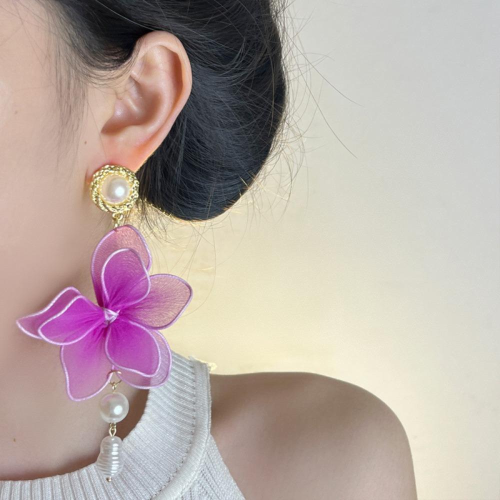 Sweet Mesh Flower Dangle Earrings Exaggerated Petals Stud Earrings Exquisite Beach Earrings  Gifts
