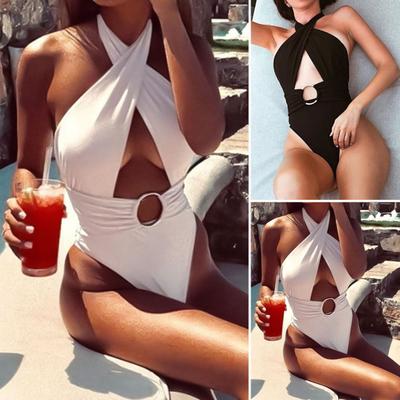 Γυναικείο Μαγιό Μονόχρωμο Σταυρωτό Ανοιχτό με Λαιμόκοψη Χάλτερ και Ψηλόμεσο Μονοκίνι