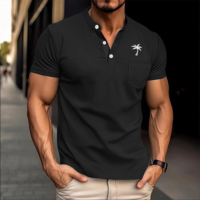 Mens Casual Palm Tree Print Henley Collar Short Sleeve Polo Shirt With Pocket S чёрный