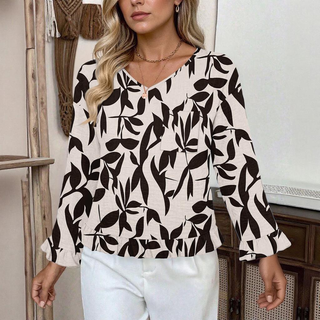 Dámský ležérní módní top s volánky, výstřihem do V, potiskem a dlouhým rukávem