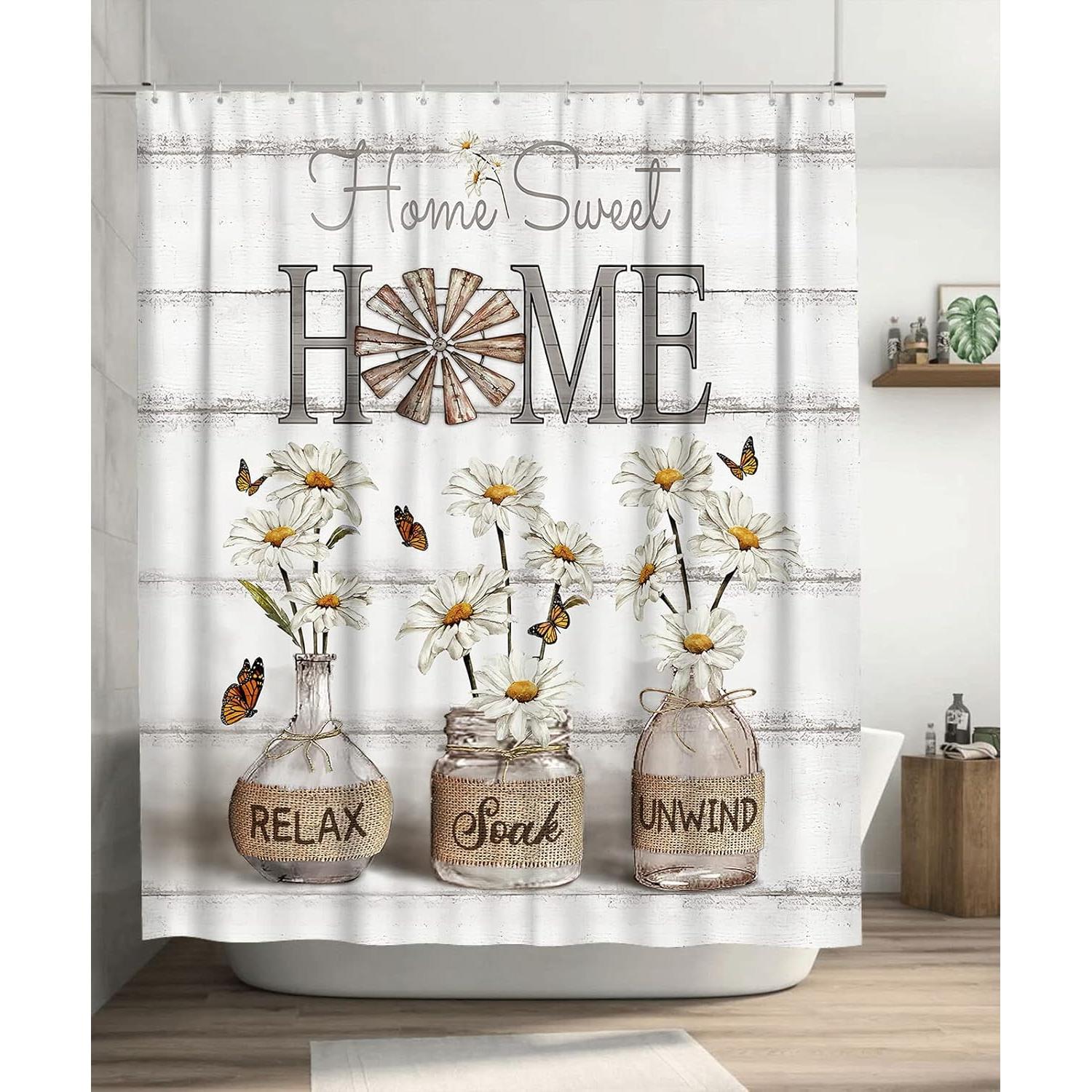 

Tijuboni Farmhouse Daisy Shower Curtain White Flower Shower Curtains for Neutral Country Floral Bathroom Decor Rustic Shower Cur 90x180cm