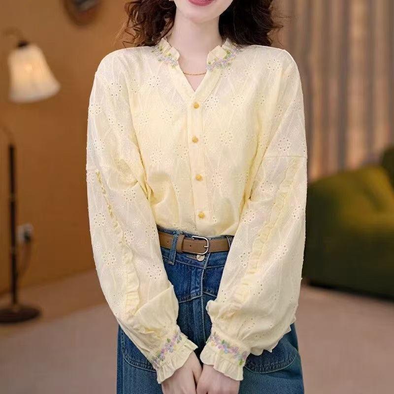 Hollow Out Women's Shirt Flower Embroidery V-neck Solid Color Ruffled Lantern Sleeve Blouse French Style Spring New Version Sweet Woman Top