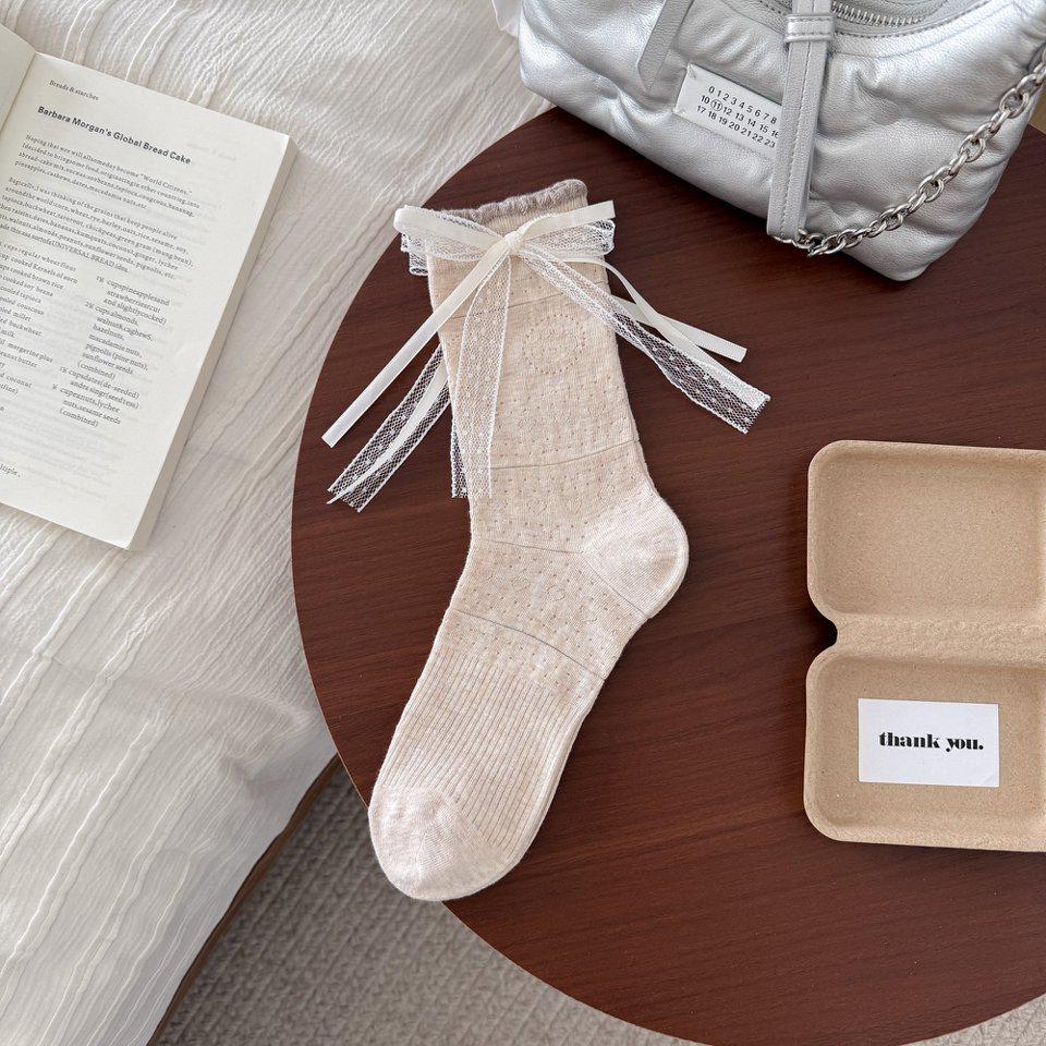 

Miu-Style Bow Streamer Mid-Calf Ballet Socks - Spring & Summer JK School Style Women s Versatile Slouch Socks One Size