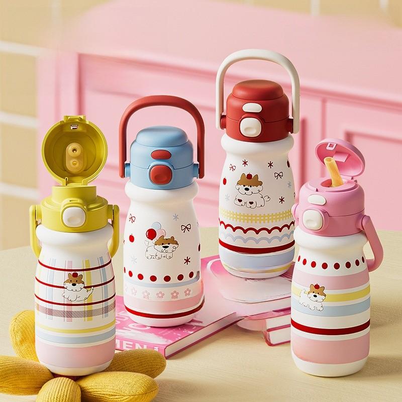Cartoon Small Puppy Kids Double Drinking Straw Cup With Handle For Travel And School Use