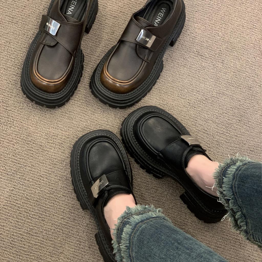 Retro platform loafers women's 2024 new Velcro thick heel round head versatile fashionable British small leather shoes