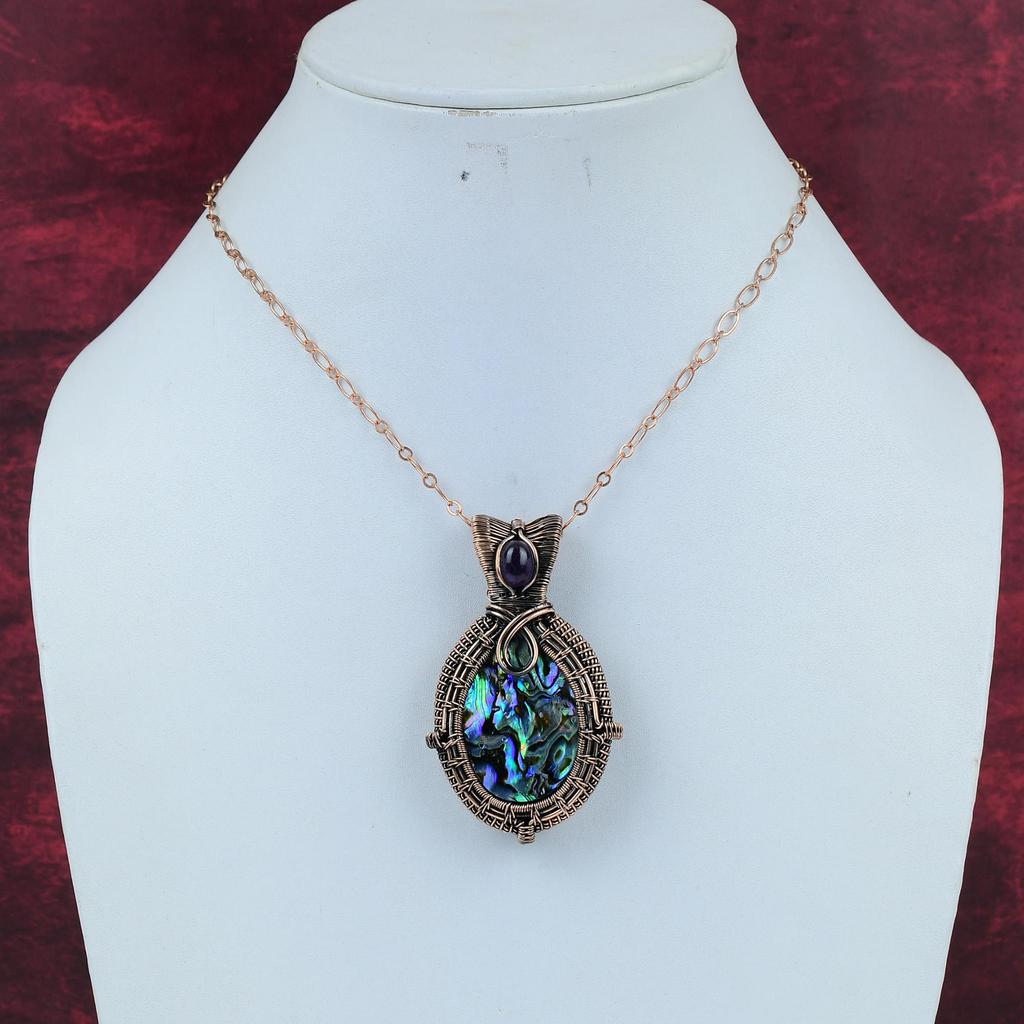Abalone Shell Pendant Copper Wire Wrapped Pendant African Amethyst Pendant Handmade Copper Jewelry Genuine Gemstone Pendant Engagement Gifts