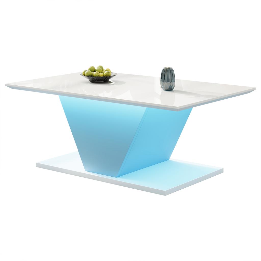 100*50*46cm Coffee Table Special Shape with LED Lights, High-Gloss Living Room Table, Sofa Table, Side Table, for Small Rooms, White, V-Shape