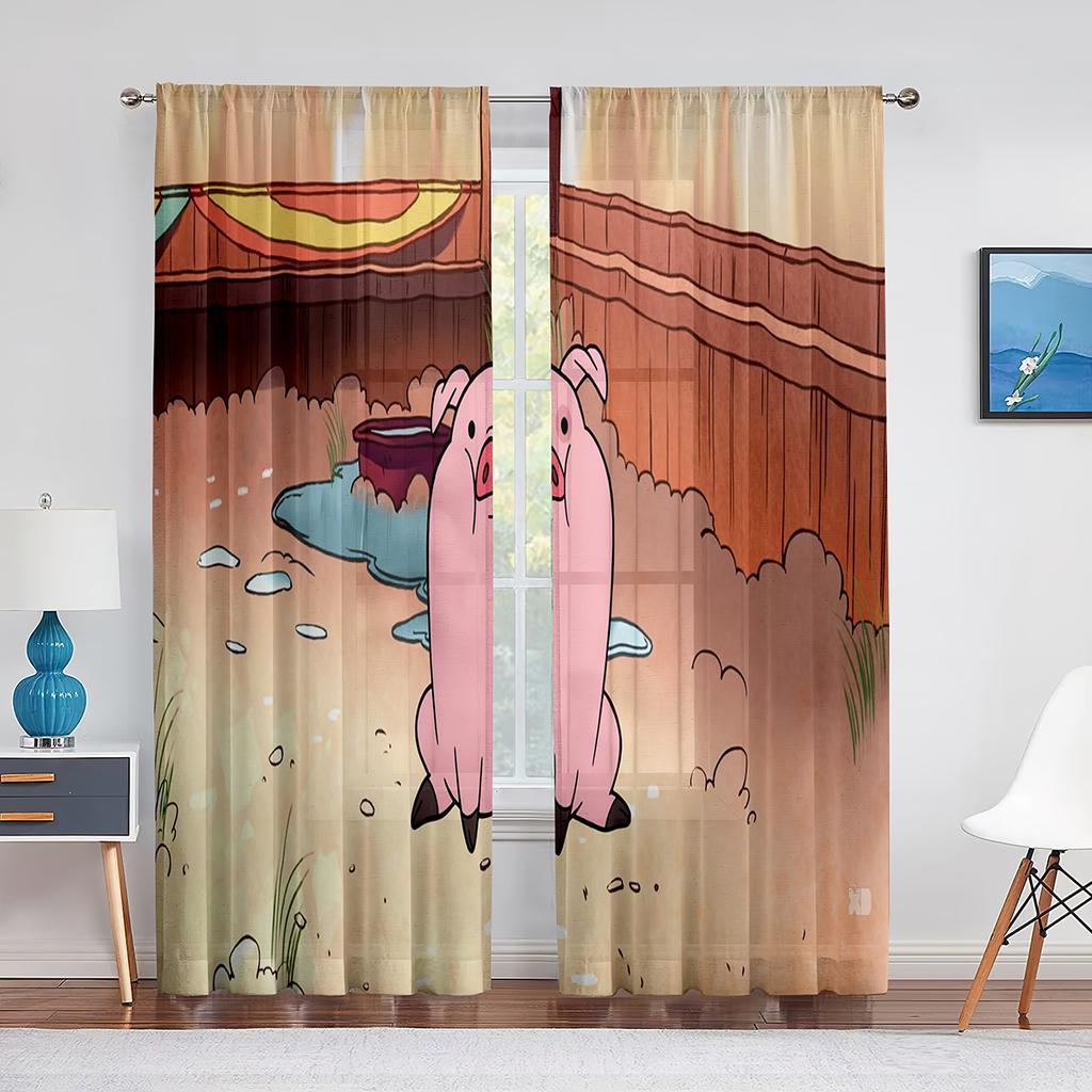 Funny Cartoon Singing Pig Wine Barrel Sheer Voile Curtains for Living Room Bedroom Tulle Curtains Kitchen Window Home Decoration