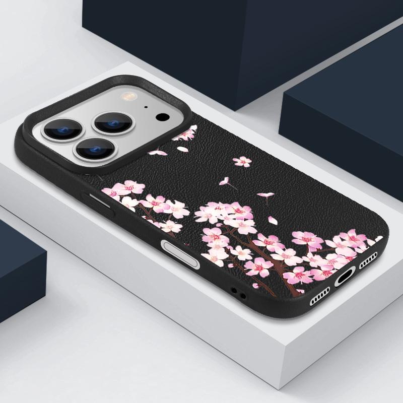 Pink Peach Blossoms Floral Pattern Case For iPhone 17 Pro Max Funda iPhone 16 Pro Max 15 14 13 12 11 Air 16E Leather Texture Silicone Cover