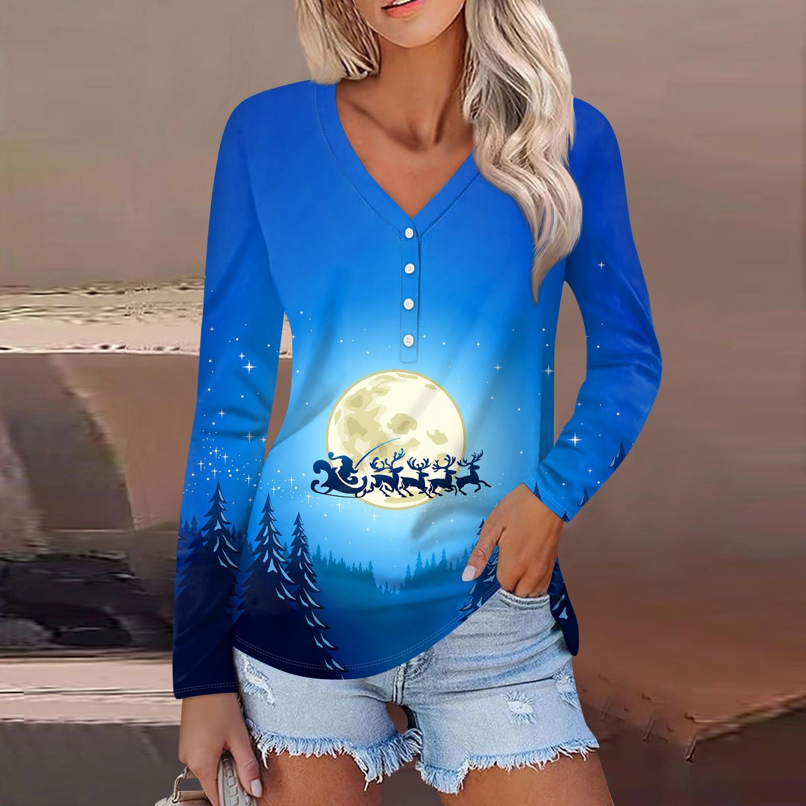 

Женская мода повседневная с длинным рукавом рождественский принт V-образный вырез на пуговицах M