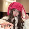 Women Winter Hat Long Bunny Ear Decor Knitted High Elasticity Warm Thick Soft Ear Protection Solid Color Windproof Anti-slip Decorative Lady Cap