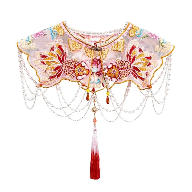 

Kids Girl Goldfish Embroidered Beaded Tassels Detachable Collar Traditional Chinese Shawl Capelet Skirt Dress Decoration 1