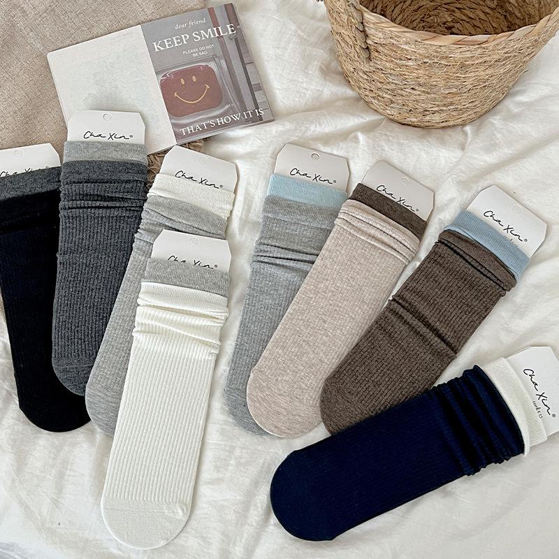 Korean Style Gray Scrunch Socks for Women - Versatile, Ribbed, Color Block, Long JK Design for Spring & Autumn