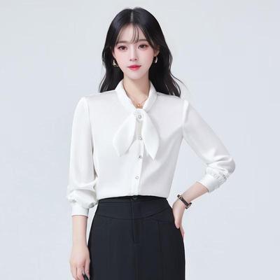 Women's Professional Chiffon Bow Tie Long Sleeve Blouse